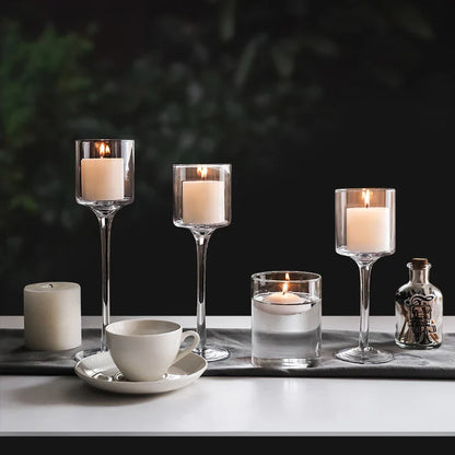 Modern Light Luxury High-Footed Glass Candle Holders – Transparent Wedding Props & Romantic Candle Lights