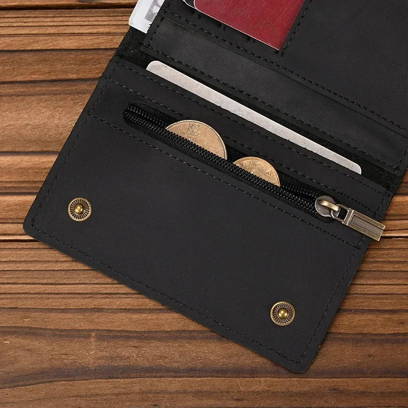 Men's Genuine Leather Short Wallet with Chain – Zipper Clutch, Trifold Purse, Card Holder & Coin Purse for Men