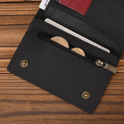 Men's Genuine Leather Short Wallet with Chain – Zipper Clutch, Trifold Purse, Card Holder & Coin Purse for Men