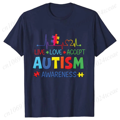 Women’s Live Love Accept Autism Awareness T-Shirt – Graphic Y2K Summer Top for Autism Awareness Month