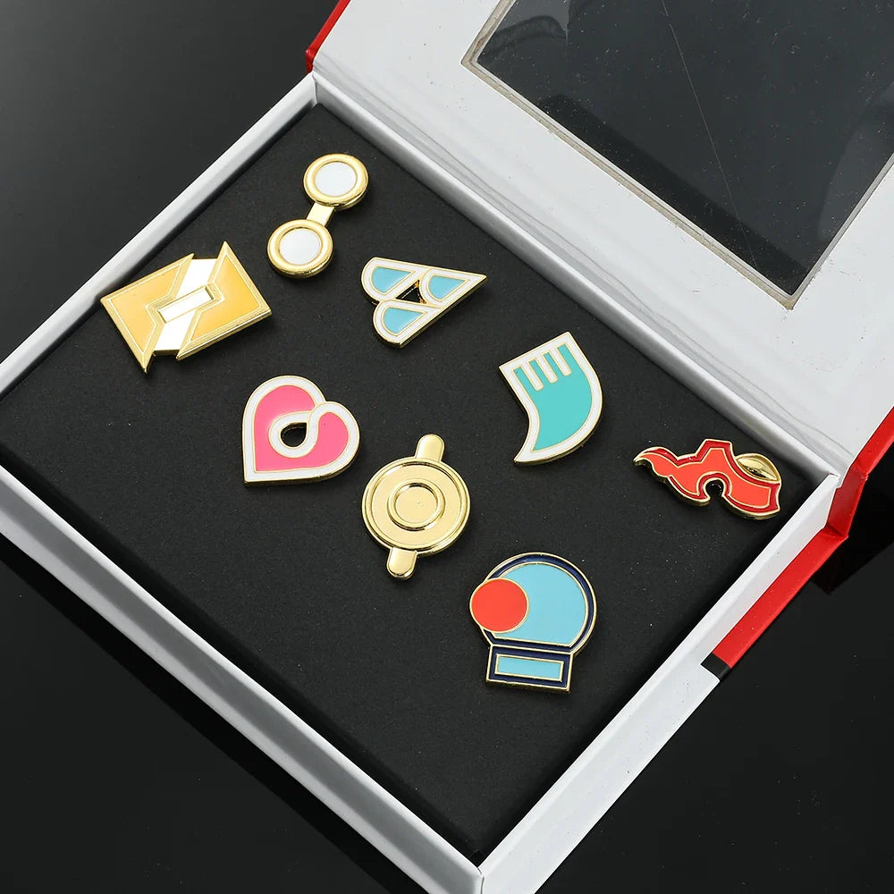 Anime League Gym Badge Set – Metal Brooches from Sinnoh, Johto, Hoenn & Indigo with Pikachu & Squirtle Figure Toys