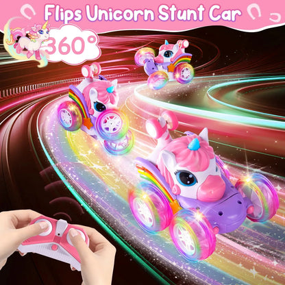 Remote Control Unicorn Car for Girls – 360° Rotating 4WD Stunt RC Toy with LED Lights, 2.4GHz Kids Gift