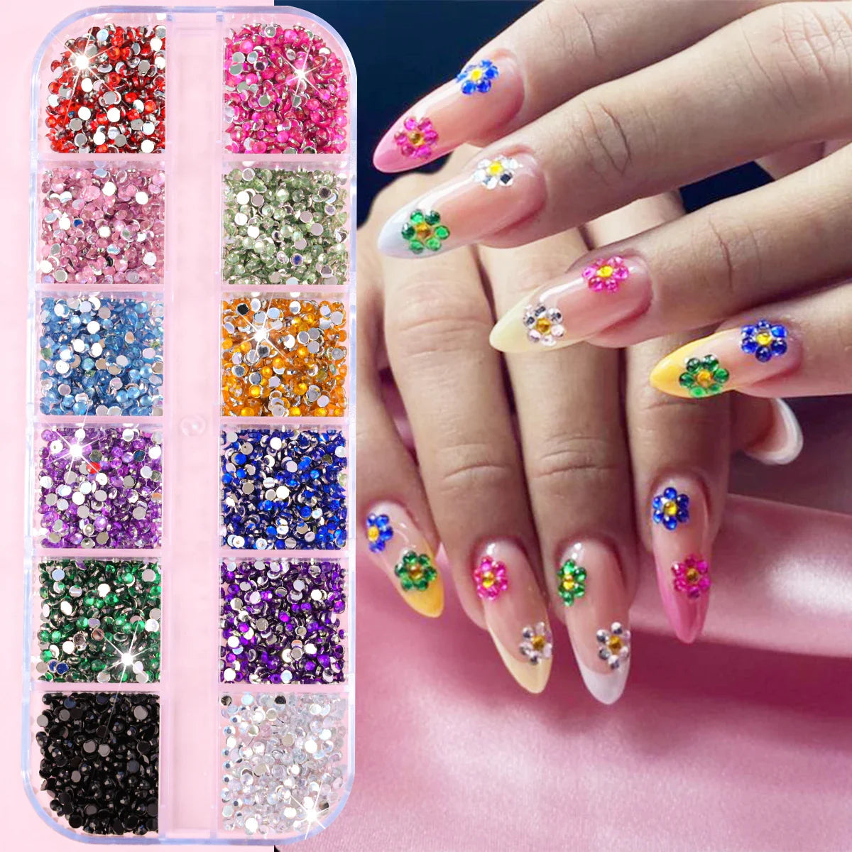 12-Grid 3D Glass AB Crystal Nail Art Rhinestones Kit – Flatback Round Beads with Tools for Nail Jewelry & Diamond Decoration