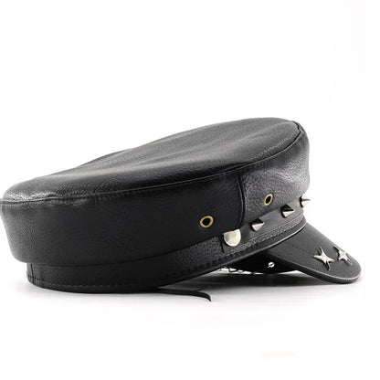 Women’s Punk PU Leather Beret Hat – Vintage Flat Top Military Style Cap for Outdoor Casual Wear & Street Fashion Accessories