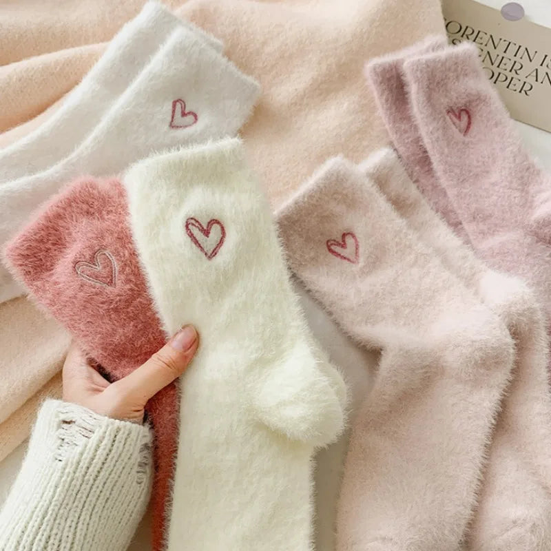 Thickened Pink Mink Fur Heart Embroidered Socks — Women’s Autumn Winter Warm Plush Mid-Tube Home Sleep Socks