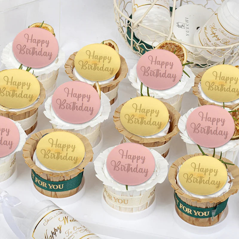 10Pcs Rose Gold Acrylic Cake Toppers - Round 'Happy Birthday' Decor for Cakes & Cupcakes, Elegant Party & Dessert Accessories