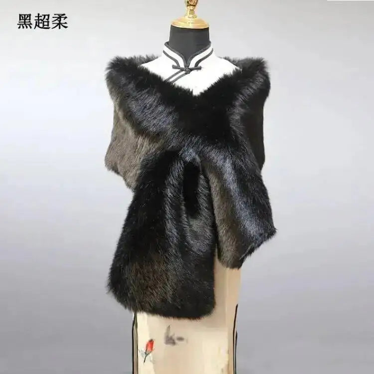 32-Color Luxury Faux Fox Fur Shawl – Women’s Plush Winter Scarf, Wrap & Cape for Wedding & Coat