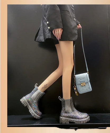 Women’s Shiny Color Fashion Rain Boots – Four-Season Waterproof Mid-Tube Ankle Outdoor Shoes