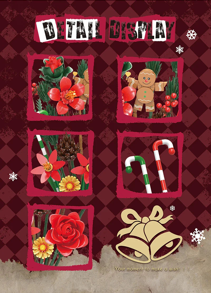 865PCS Gingerbread Man Christmas Bouquet Building Block Set – DIY Flower Plant Bricks, Decorative Toy for Kids & Adults