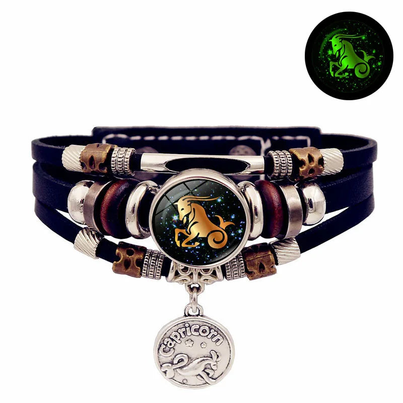 Luminous 12 Constellation Vintage Bracelet - Braided Punk Leather Glow-in-the-Dark for Men & Women, Birthday Gift