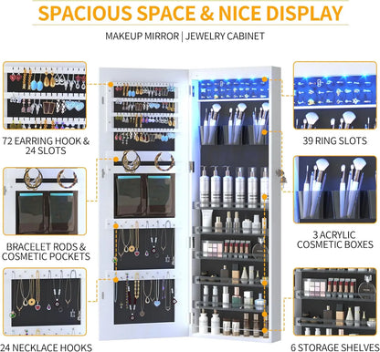 LED Door Hanging Mirror Cabinet – Wall-Mounted Full-Length Lighted Jewelry Organizer with Storage