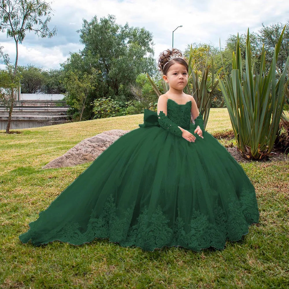 Flower Girl Wedding Dress - Long Sleeve Satin Bow Ball Gown for Toddlers & Girls