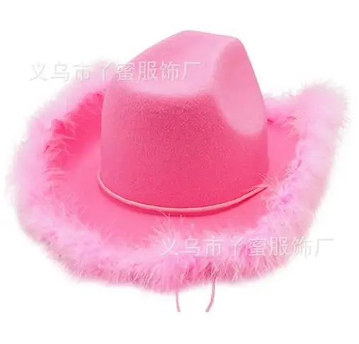 Women's Cowboy Hat – Wide Brim Solid Color with Furry Trim for Parties & Outings