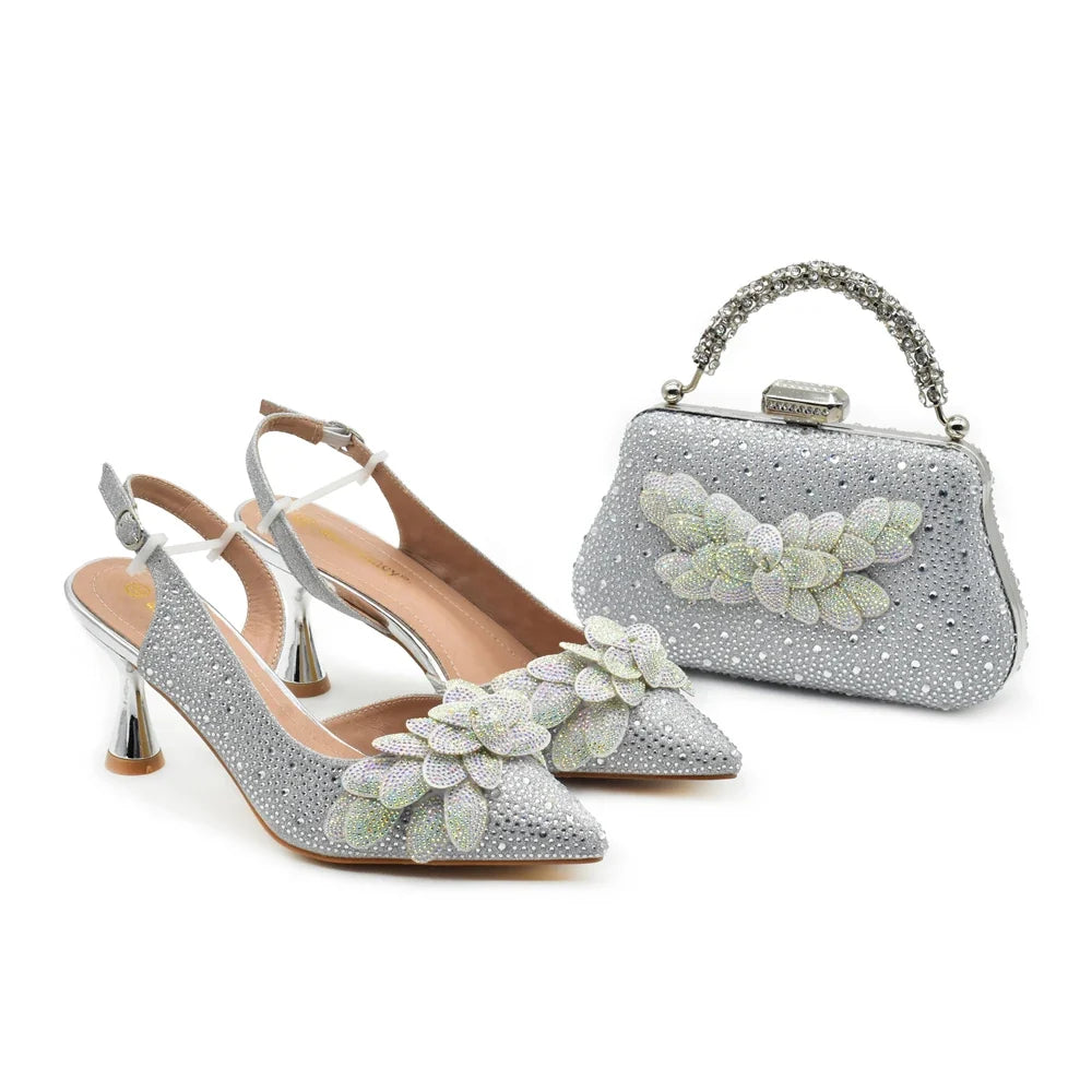 Women's Luxury Diamond Shoe & Bag Set - Italian Style High Heels & Matching Pumps