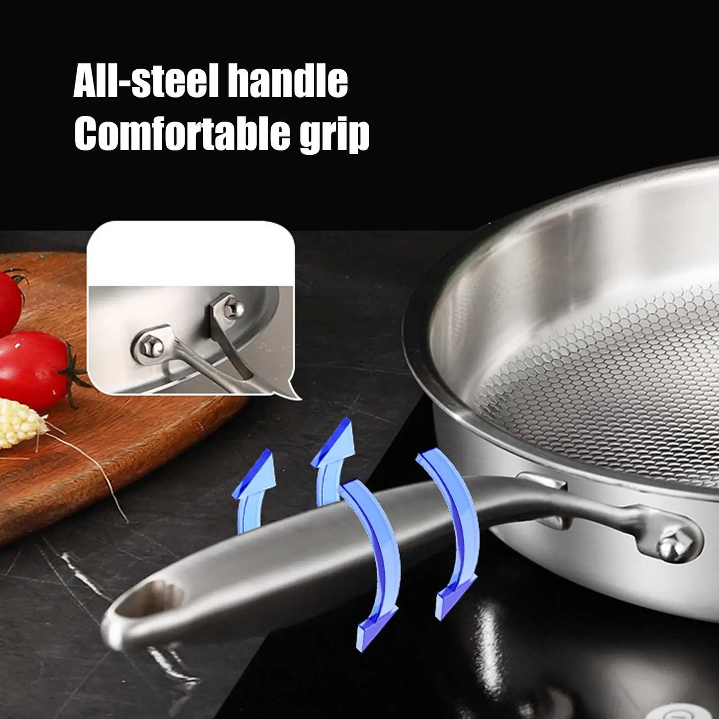Titanium Frying Pan with Glass Lid - Non-Stick Even-Heating Stainless Steel Skillet for Kitchen Cooking, 26/28/30cm