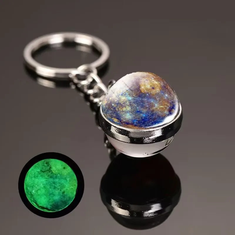 Glow in the Dark Solar System Keychain – Luminous Nebula Planet Key Ring with Moon, Earth, Sun, Double-Sided Glass Ball