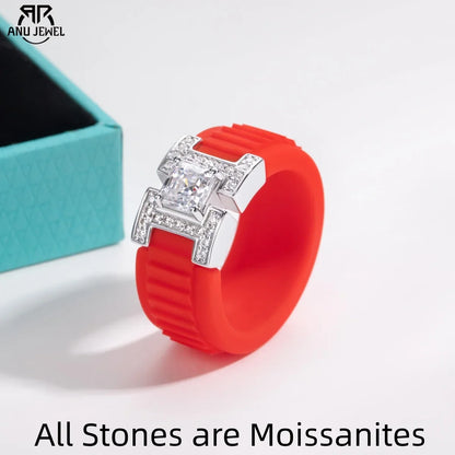 Moissanite Silicone Ring - 925 Sterling Silver Comfort Fit Wedding Band for Men & Women