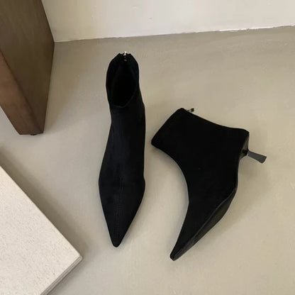 SUOJIALUN 2024 Winter New Women’s Short Boots – Fashion Pointed Toe, Elegant Ankle Boots with Thin High Heel Dress Pumps