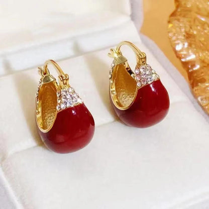 French Retro Drop Earrings – Glazed Semi-Circular Zircon Inlaid Luxury Earrings for Women, Perfect Party Jewelry