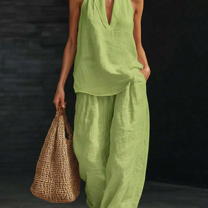Women’s 2-Piece Summer Outfit – Halter Neck V-Neck Sleeveless Top & Loose Trousers Casual Matching Set