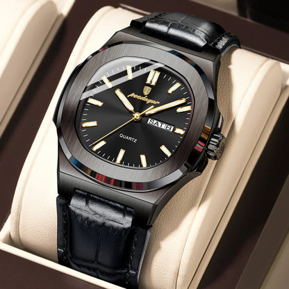 POEDAGAR Luxury Men’s Square Quartz Watch – Luminous Waterproof Leather Strap with Week Calendar