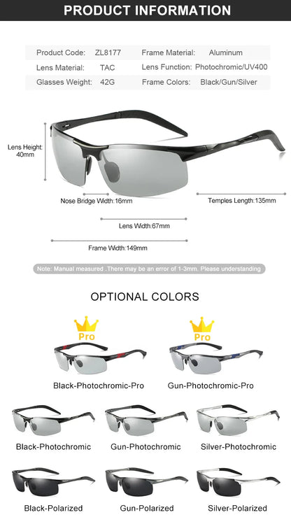 CLLOIO Aluminum Photochromic Sunglasses – Polarized Day & Night Chameleon Glasses for Men, Anti-Glare, UV Protection, Color Changing Sun Glasses