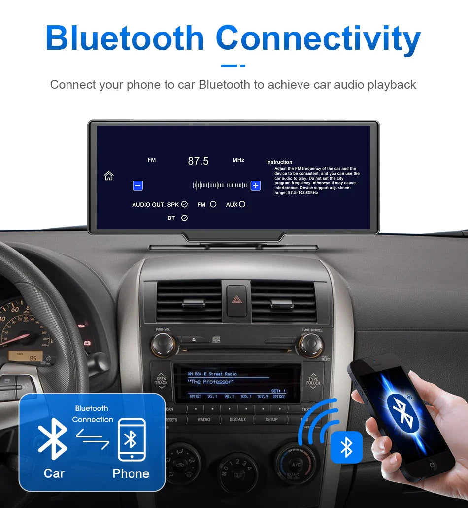 10.26'' 4K Car DVR Dashcam with CarPlay, Android Auto, Dual Lens Front 4K + Rear 1080P, Voice Control, GPS, BT, FM