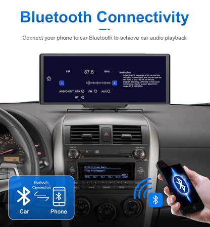 10.26'' 4K Car DVR Dashcam with CarPlay, Android Auto, Dual Lens Front 4K + Rear 1080P, Voice Control, GPS, BT, FM