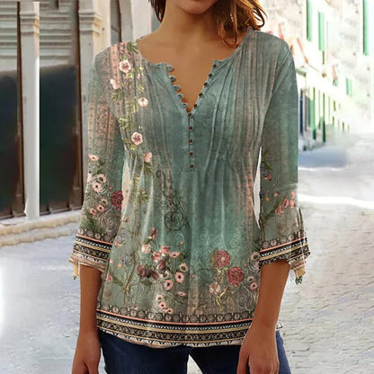 2024 Trendy 3D Printed Women’s Blouse Shirt – V Neck Button-Up 3/4 Sleeve Elegant Spring Summer Fashion Top