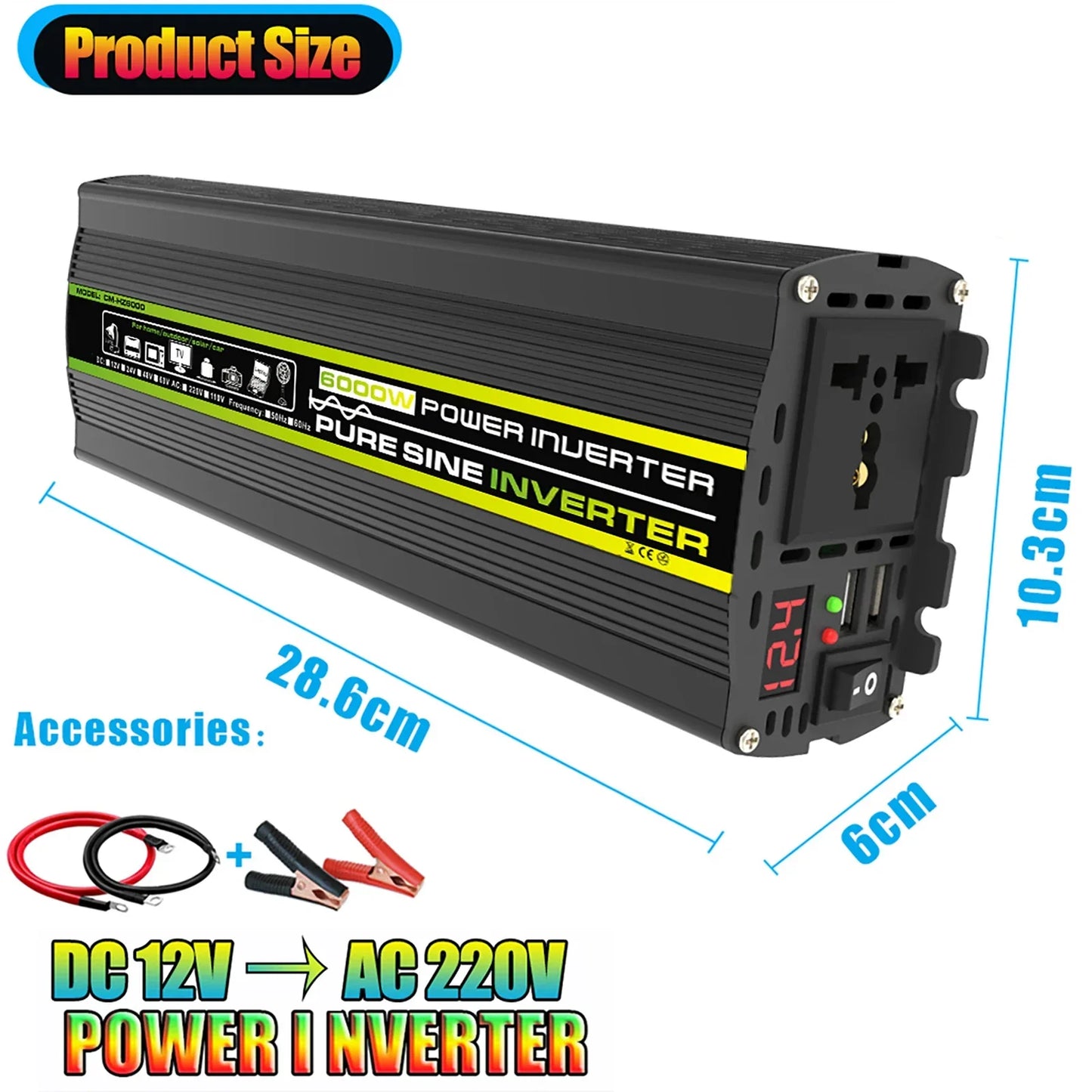 3000W-8000W Pure Sine Wave Power Inverter — DC 12V to AC 220V with Digital Display