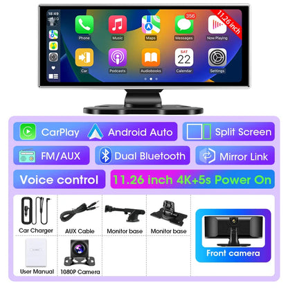 11.26-inch 4K Car DVR Dash Cam – Dual Lens Wireless CarPlay & Android Auto, GPS Navigation, 5G WiFi, FM, AUX Video Recorder Monitor