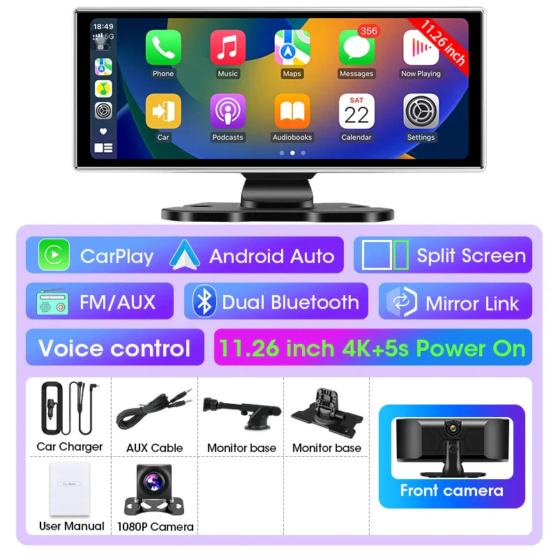 4K Dash Cam 10–11.26 Inch Car DVR – Wireless CarPlay & Android Auto GPS Navigation Dual Lens Video Recorder with WiFi FM AUX