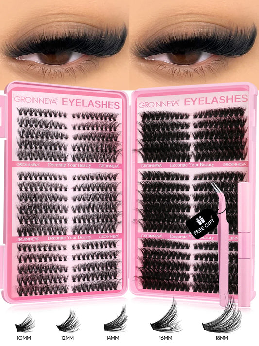 GROINNEYA Cat Lash Clusters Kit – 640pcs with Lash Bond & Seal, DIY Eyelash Extensions for Home Use