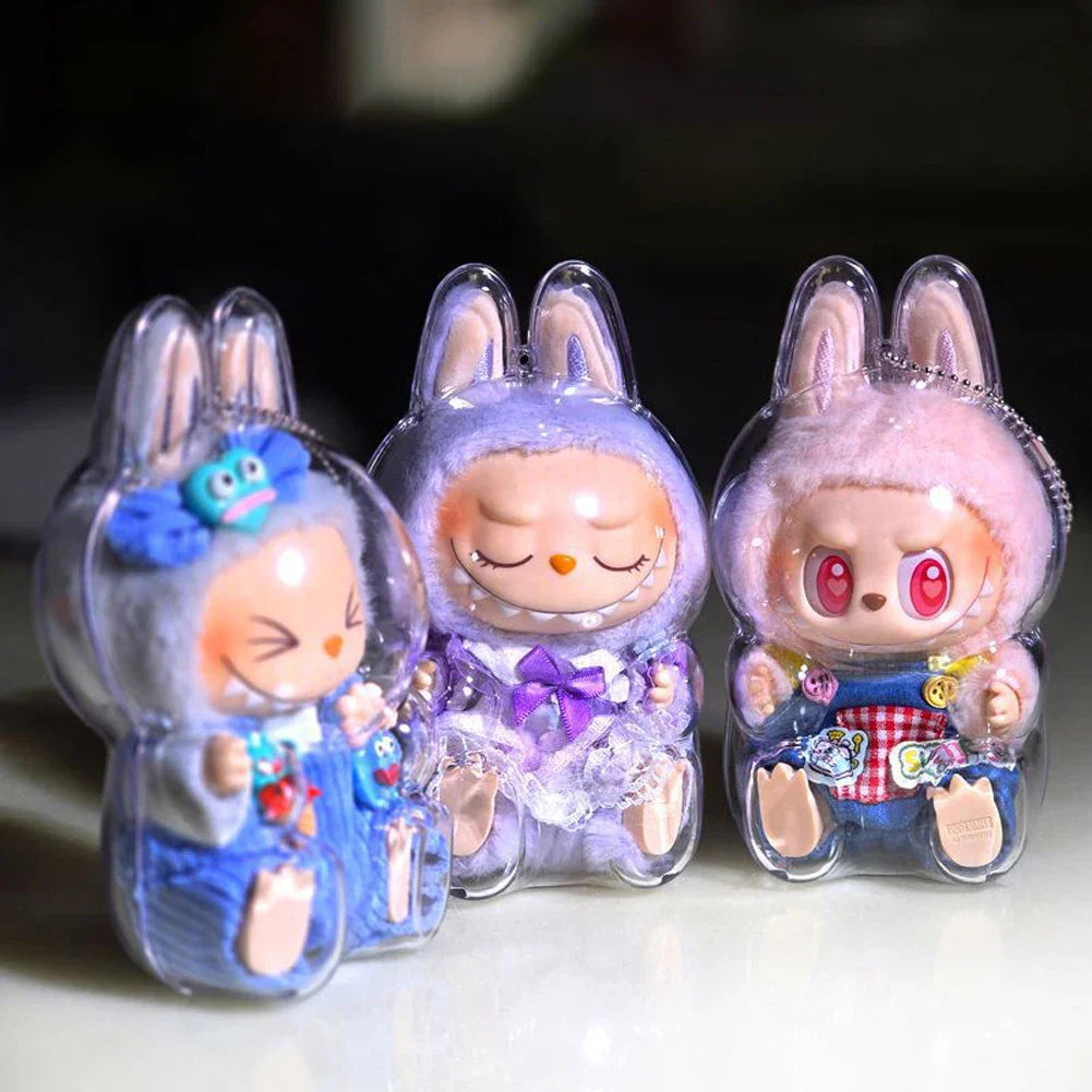 Labubu Transparent Protective Cover for Elf Doll - Cute Monster Toy Storage & Display Case for Party Plushies