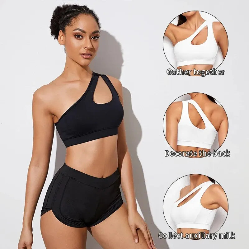 Women's One Shoulder Push-Up Sports Bra - Shockproof Fitness Bra for Yoga, Running, and Gym Workouts ( Black / White )