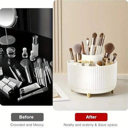 360° Rotating Makeup Organizer - 5 Compartment Plastic Cosmetic Holder for Brushes & Beauty Storage