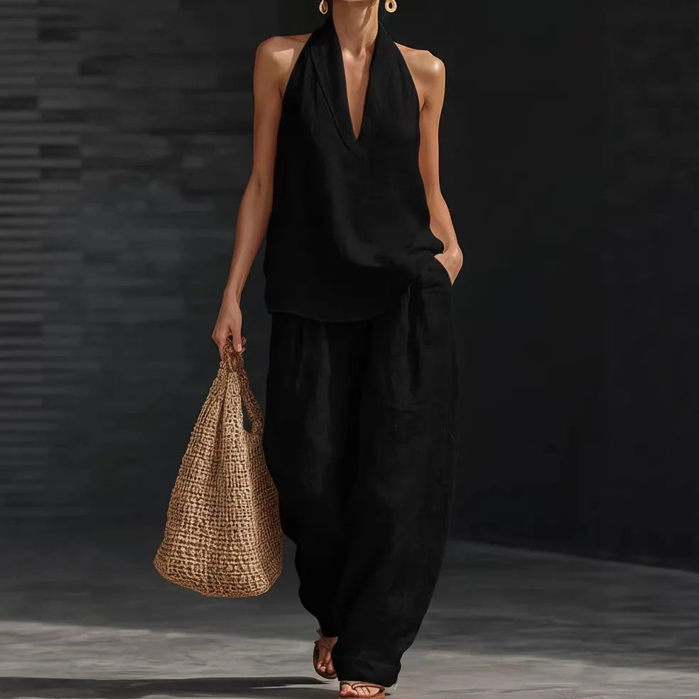 Women’s 2-Piece Summer Outfit – Halter Neck V-Neck Sleeveless Top & Loose Trousers Casual Matching Set