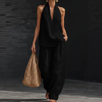 Women’s 2-Piece Summer Outfit – Halter Neck V-Neck Sleeveless Top & Loose Trousers Casual Matching Set