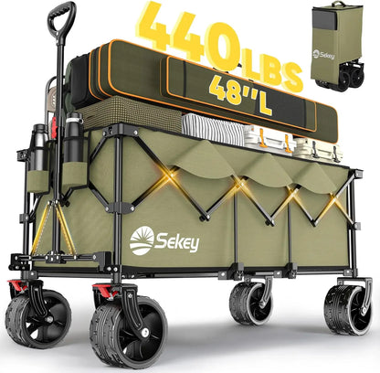 Sekey 48" Collapsible Folding Wagon — Heavy Duty 300L Utility Garden Cart with 440lbs Capacity