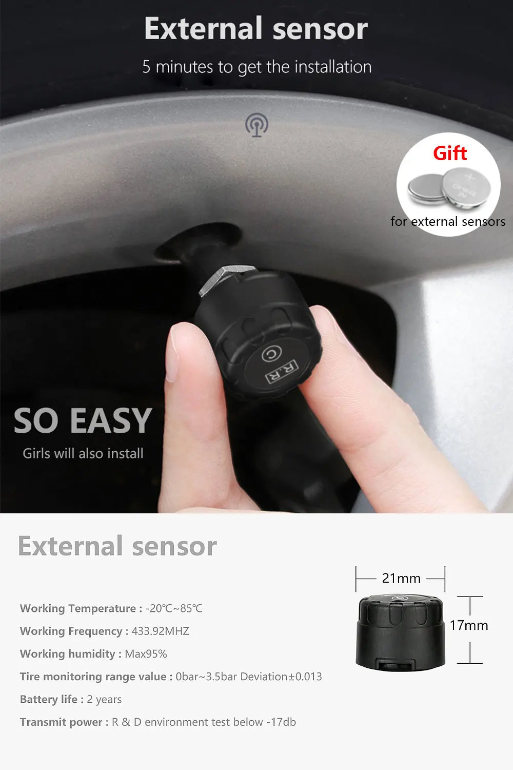 Solar Car TPMS Tire Pressure Monitoring System – 4 External Sensors with Temperature Alarm for Tyre Safety