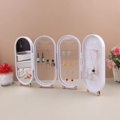 Foldable Jewelry Box Organizer with Mirror: Plastic Storage Container for Women - Desk Storage Rack for Earrings, Necklaces, Rings, and More