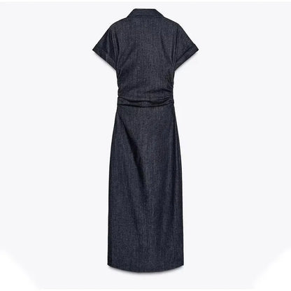 Elegant Pleated Denim Dress for Women – 2025 Chic Slim Fit Lapel Vestido with Short Sleeves & Single-Breasted Design