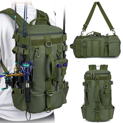 Tactical Fishing Backpack – Multifunctional Tackle Bag with Rod Holders, Molle Storage for Fishing, Camping & Hiking