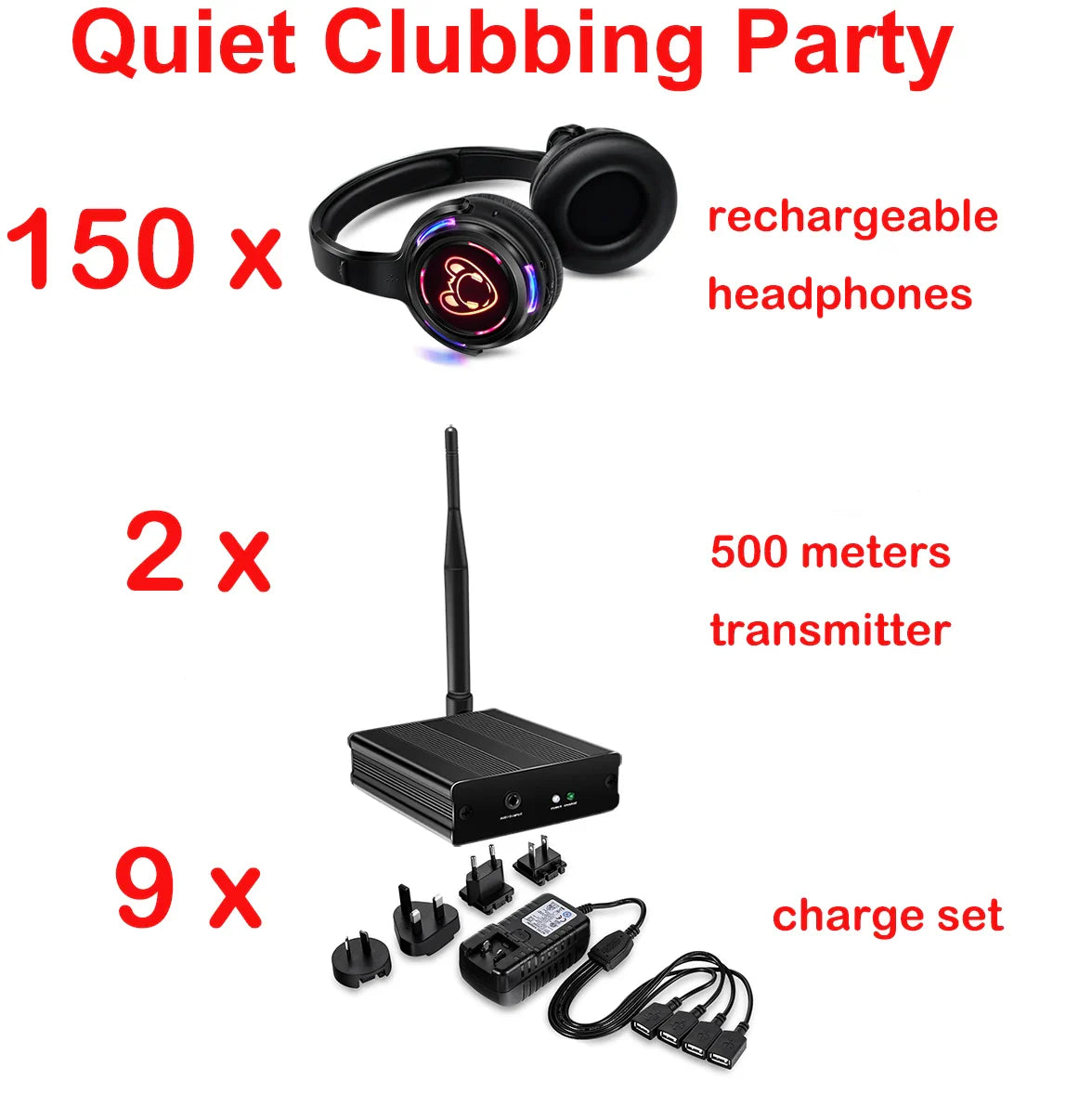 Silent Disco Complete System – Black LED Wireless Headphones Bundle with 5 Headsets & 1/2/3 Transmitters for Quiet Parties
