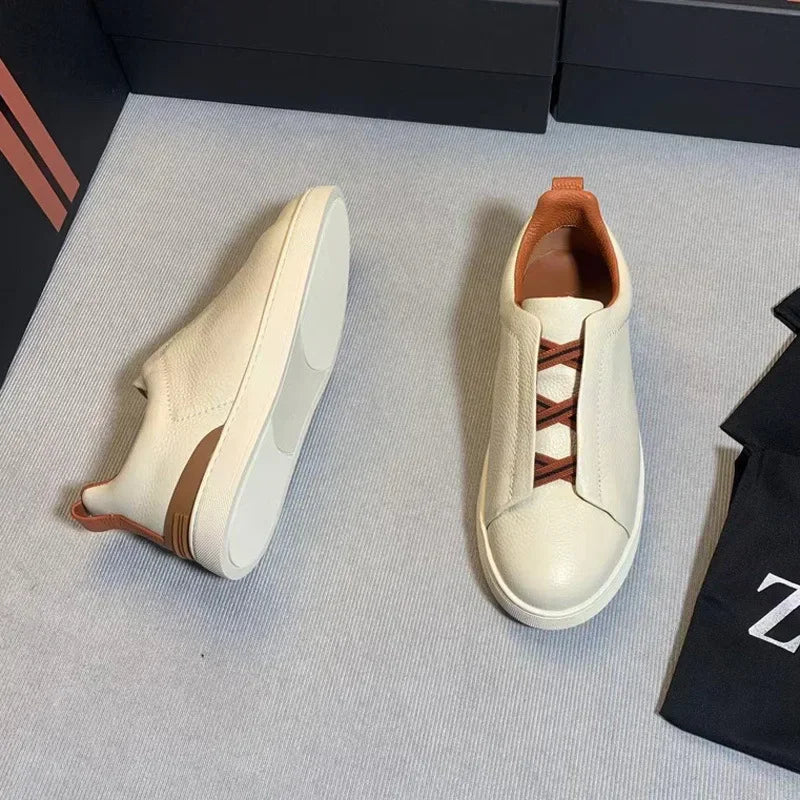 Men's Summer Casual Shoes — Top Layer Cow Leather, Breathable Luxury Deer Skin Slip-On Sneakers