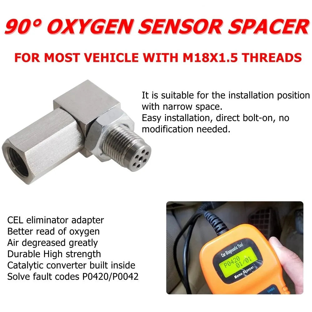 Universal O2 Sensor Bung Extension – 90-Degree Catalytic Converter Spacer, Oxygen Sensor Extender for P0420 P0430, Silver