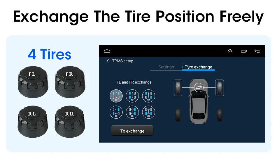 JMCQ USB Android TPMS Tire Pressure Monitoring System – 5 Internal/External Sensors with Display & Alarm for Car Navigation Radio