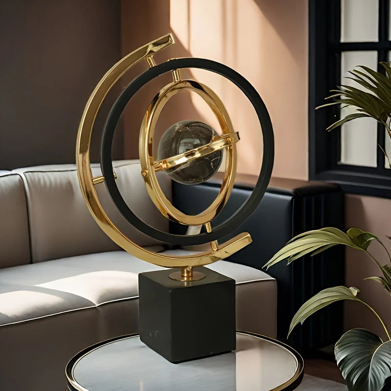 Modern Abstract Metal Globe Sculpture - Black & Gold Home Office Decor with Rectangular Base