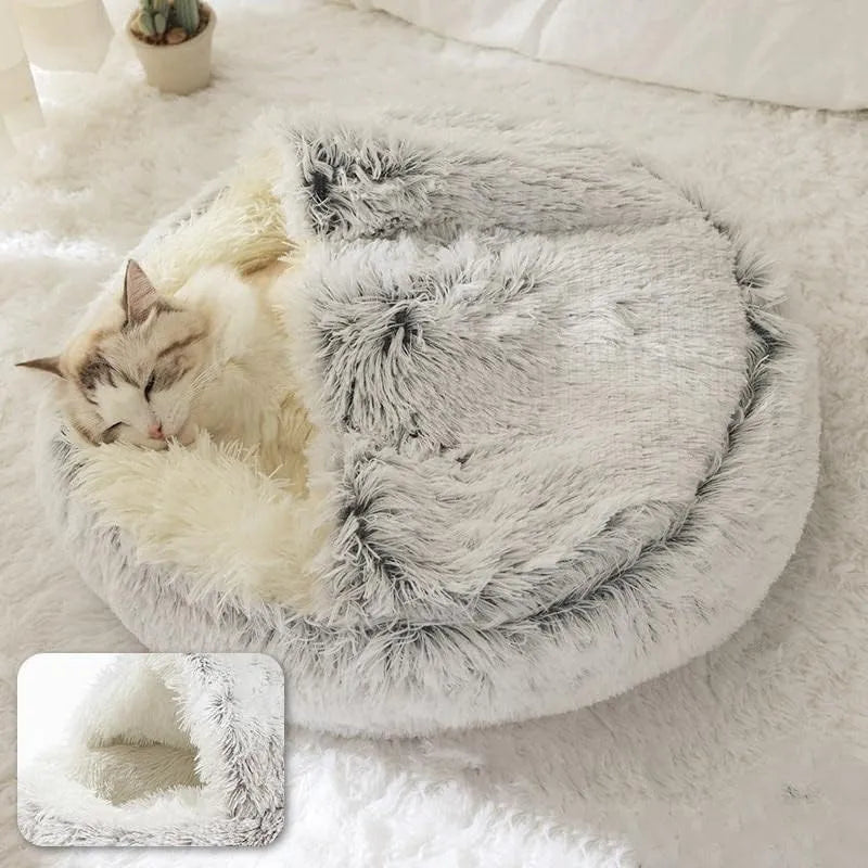 Round Soft Plush Pet Bed with Cover - 2-in-1 Cat and Dog Sleeping Nest Cave, Warm Pet Mattress for Small Dogs