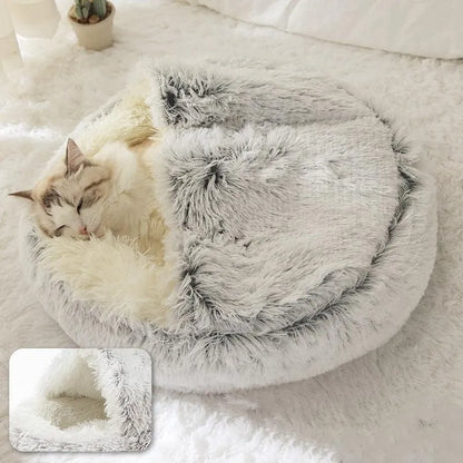 Round Soft Plush Pet Bed with Cover - 2-in-1 Cat and Dog Sleeping Nest Cave, Warm Pet Mattress for Small Dogs